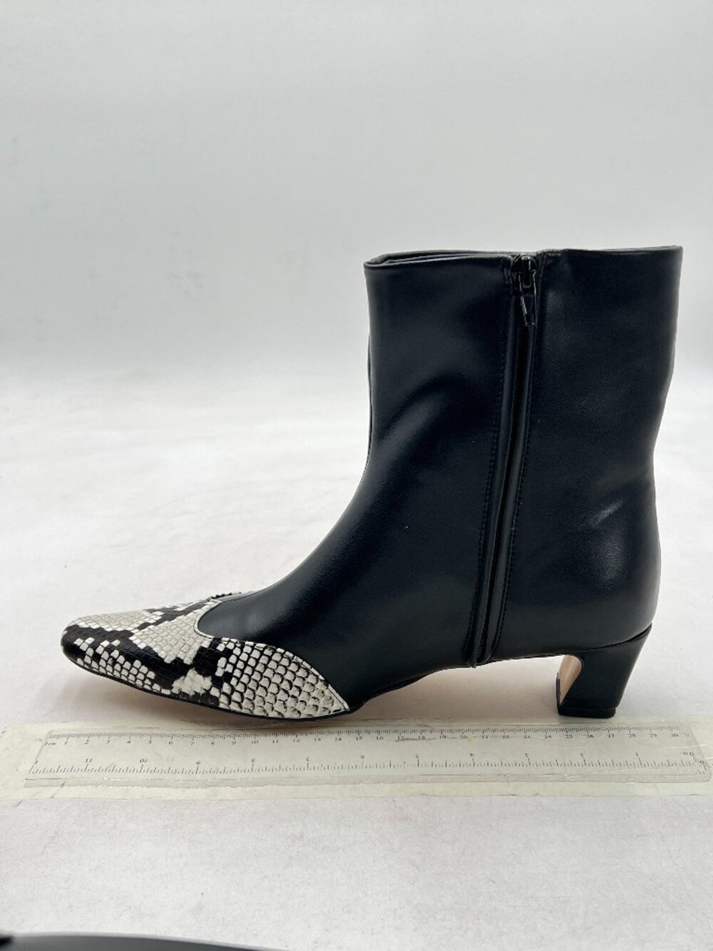 Black Women's Ankle Boots Square Toe Chunky Heel Snakeskin Patchwork Boots